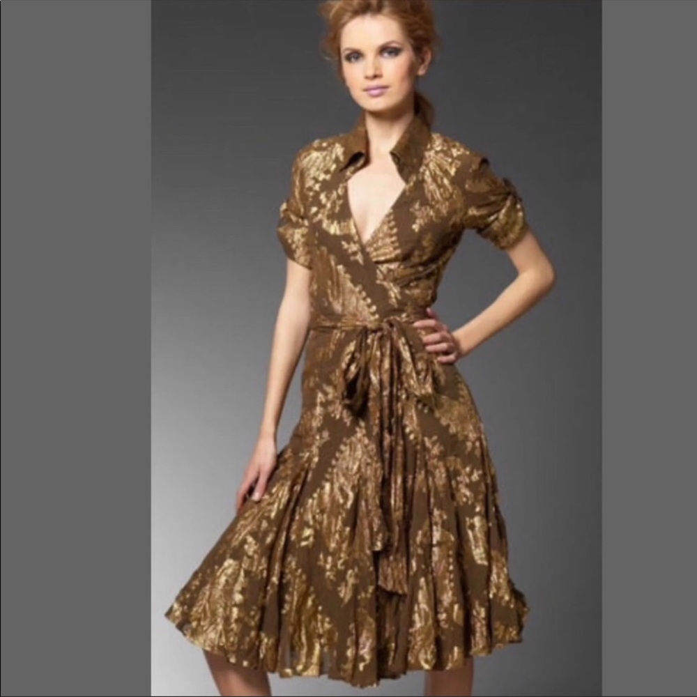 DVF brown and metallic silk blend gold wrap dress